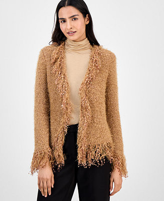Women's Collarless Open-Front Fringe-Trim Cardigan | Macy's