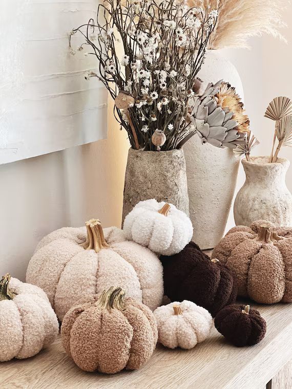Fall Harvest Halloween Thanksgiving Teddy boucle plush pumpkin decor with real pumpkin stems FULL... | Etsy (US)