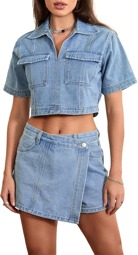 Owl's-Yard Women’s 2 Piece Denim Outfits y2k Short Sleeve Lapel Jean Tops+Asymmetrical Shorts S... | Amazon (US)