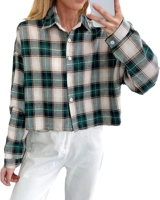 HangNiFang Women's Cute Cropped Flannel Plaid Shirts Long Sleeve Button Down Tops | Amazon (US)