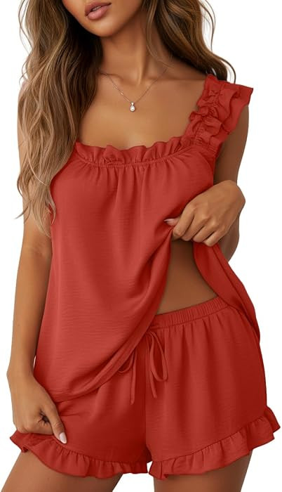Lepunuo Pajamas for Women Summer 2 Piece Pjs Ruffle Tank Shorts Sleepwear | Amazon (US)