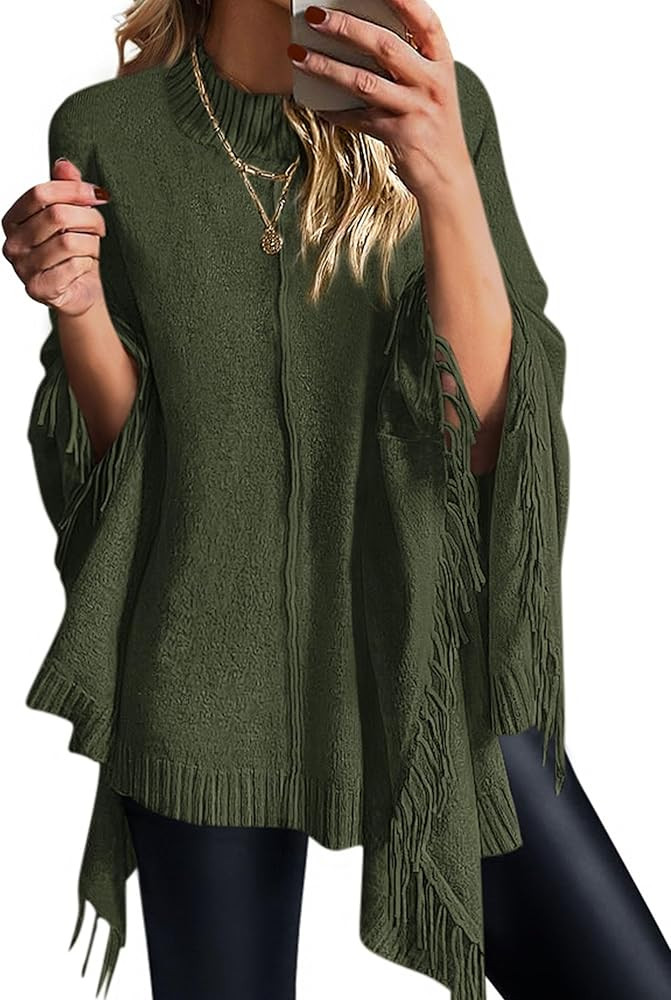 PRETTYGARDEN Women's 2025 Fall Winter Poncho Sweaters Trendy Chunky Knit Fringe Shawls Wraps Pull... | Amazon (US)