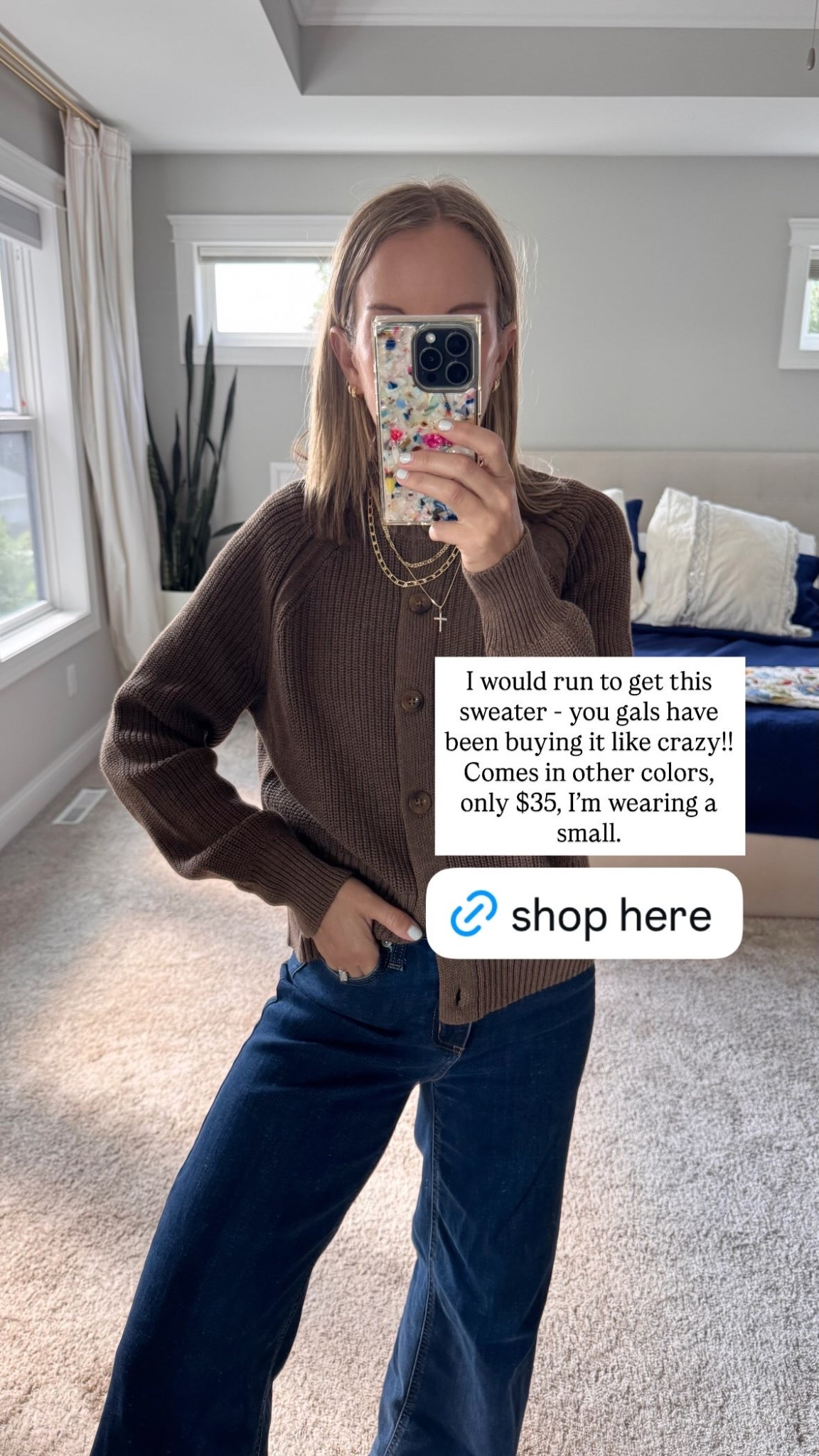 I would run to get this sweater - you gals have been buying it like crazy!! Comes in other colors, only $35, I’m wearing a small.