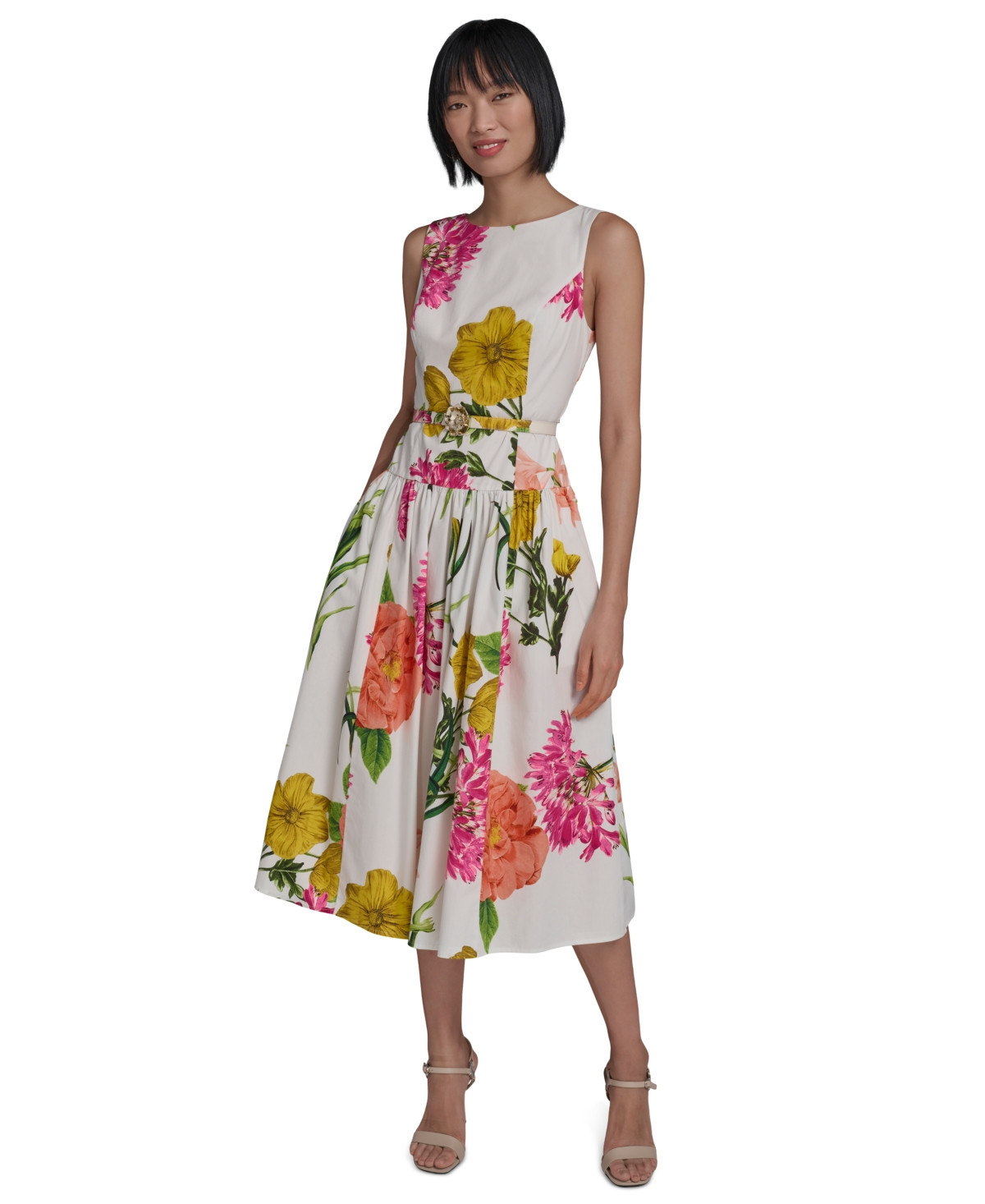 Karl Lagerfeld Paris Women's Boat-Neck Belted Sleeveless Dress - Soft White/Camelia Combo | Macy's