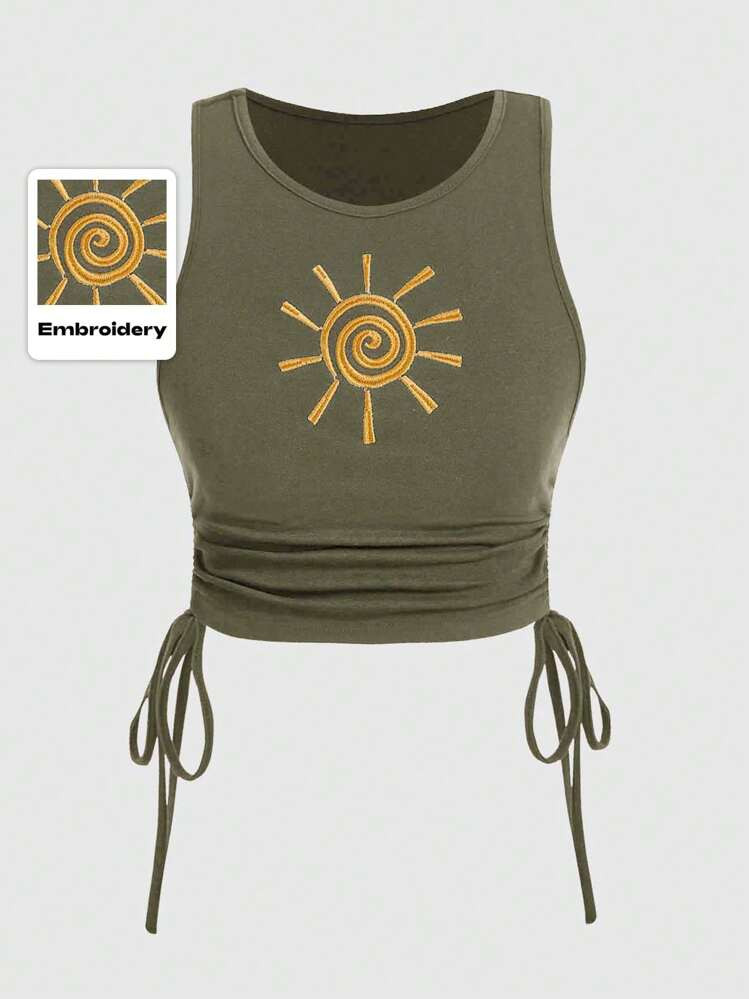 ROMWE Women's Hippie Style Embroidered Pleated Tank Top | SHEIN