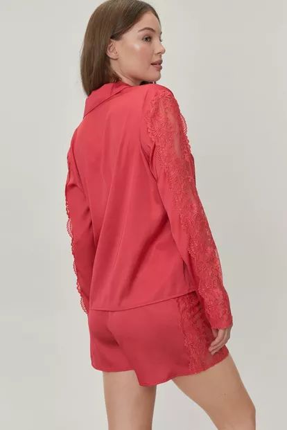Satin Lace Detail Shirt and Pajama Shorts Set | Nasty Gal (US)