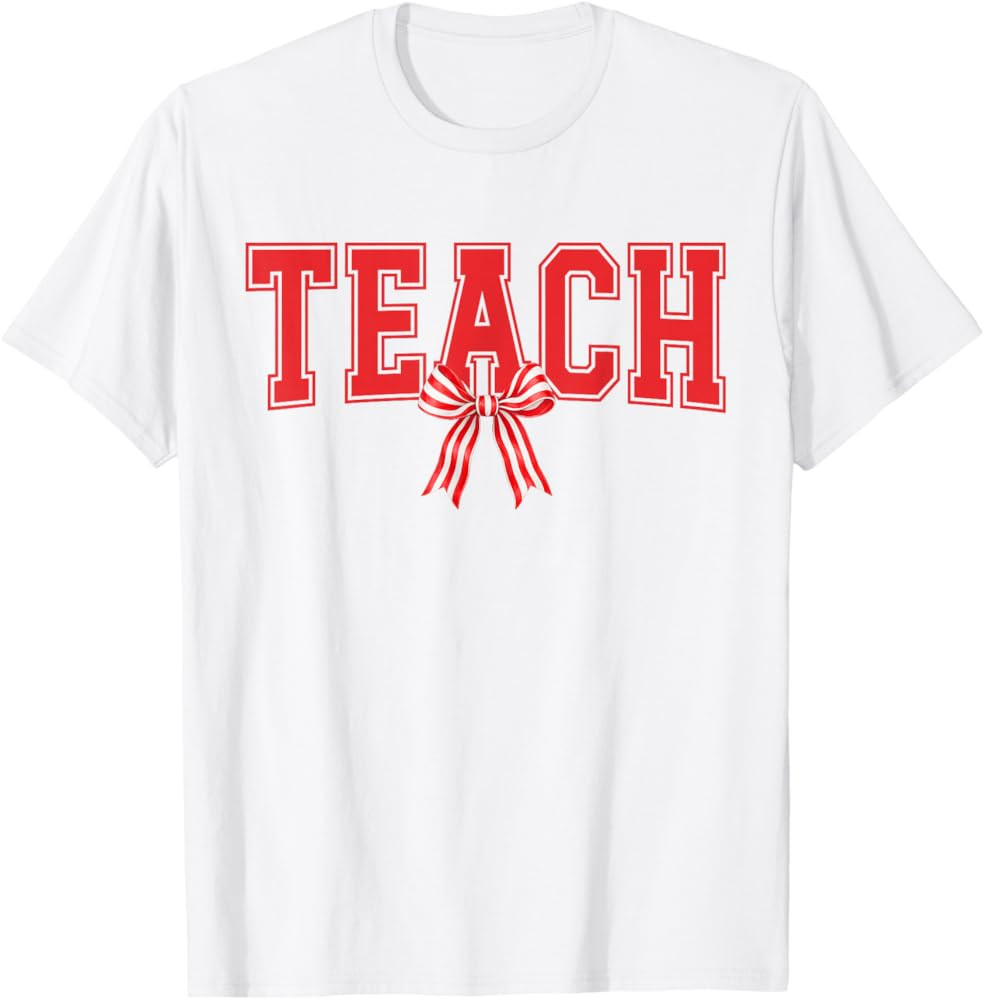 Teach Candy Cane Coquette Bow Cute Teacher Christmas T-Shirt | Amazon (US)