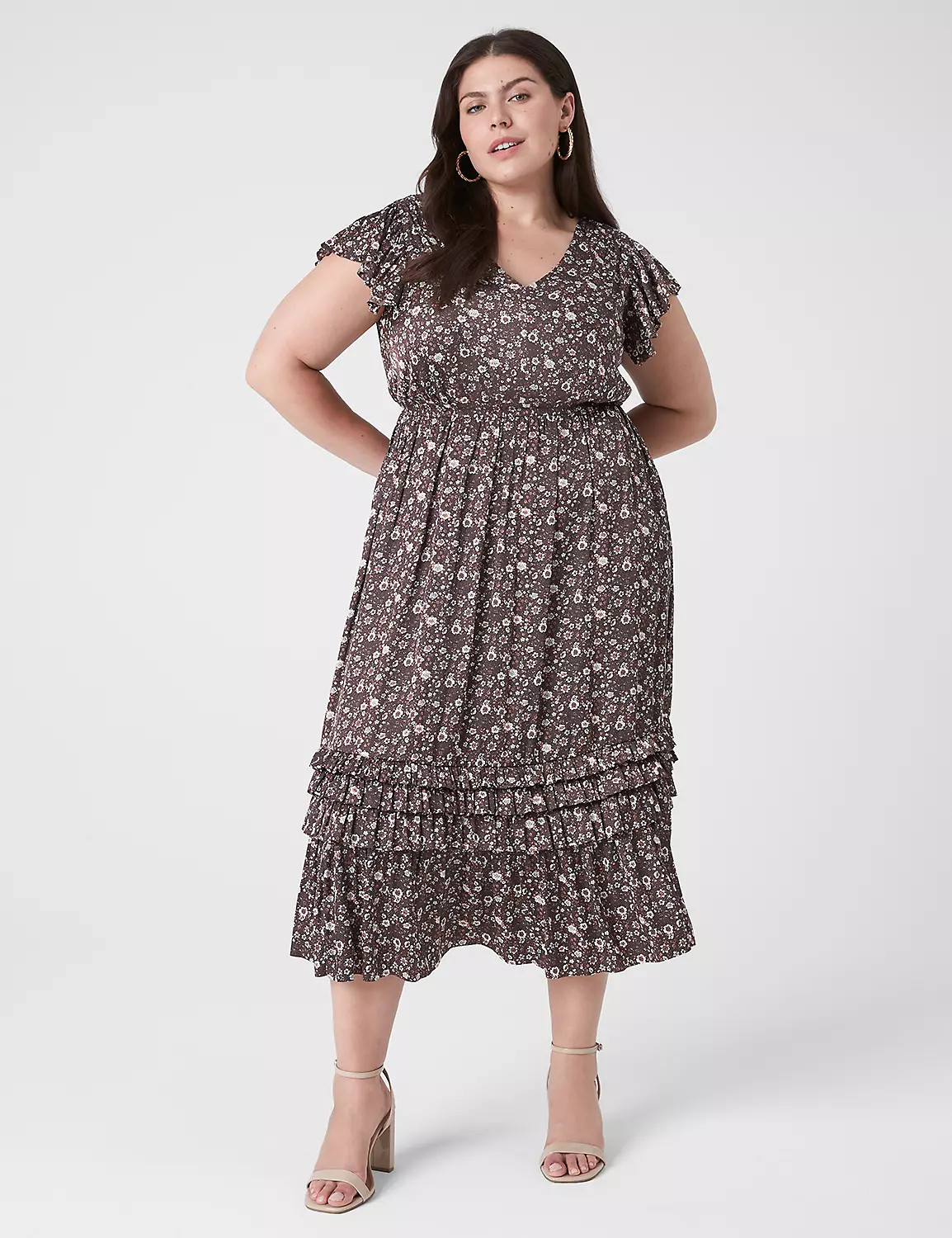 Flutter-Sleeve Shirred Midi Dress | LaneBryant | Lane Bryant (US)