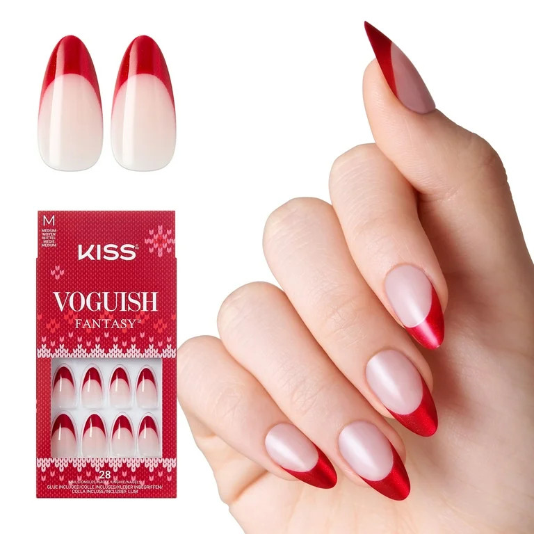KISS Voguish Fantasy Holiday Press On Nails Almond, ‘Little Elves’, Red, Medium, 28 Count | Walmart (US)
