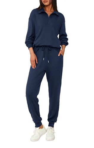 BTFBM Women's 2 Piece Tracksuit Fall Outfits 2025 Long Sleeve Half Zip Sweatshirt Sweatpants Lounge Set Sweatsuits(Solid Navy,Medium) | Amazon (US)