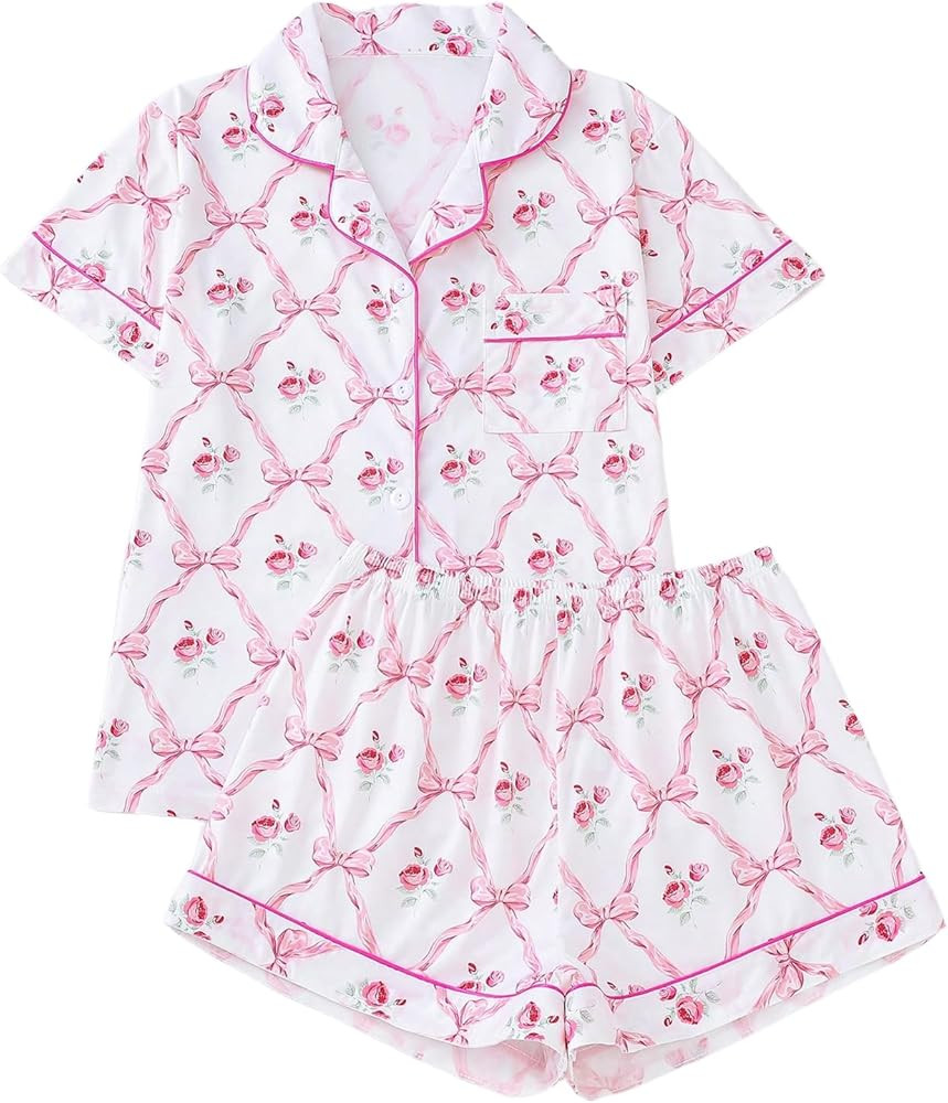 Verdusa Women's 2 Piece Floral Bow Pajama Set Short Sleeve Button Down Shirt and Shorts Set | Amazon (US)