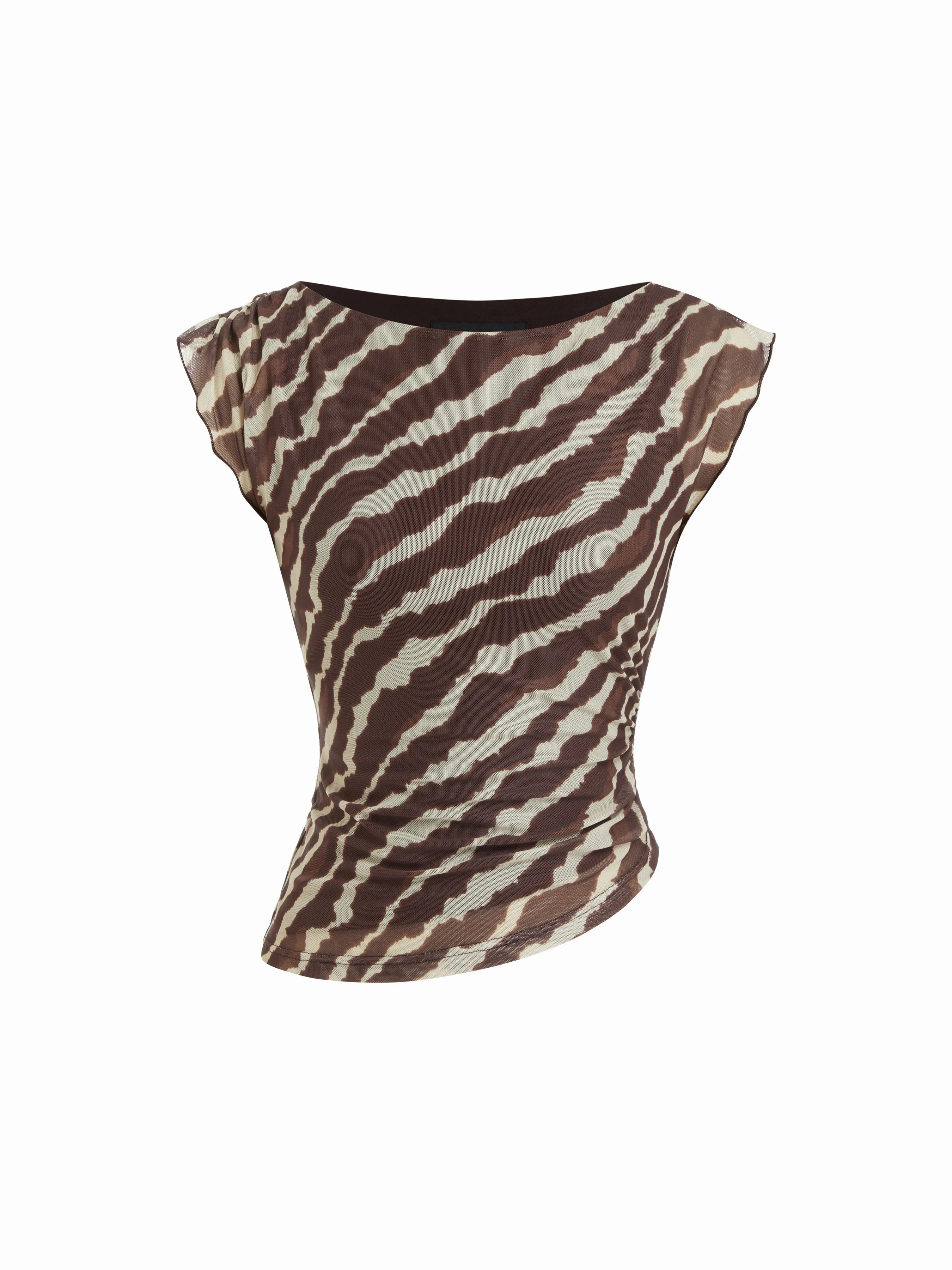 Mesh Boat Neck Lettuce Trim Ruched Top | Cider