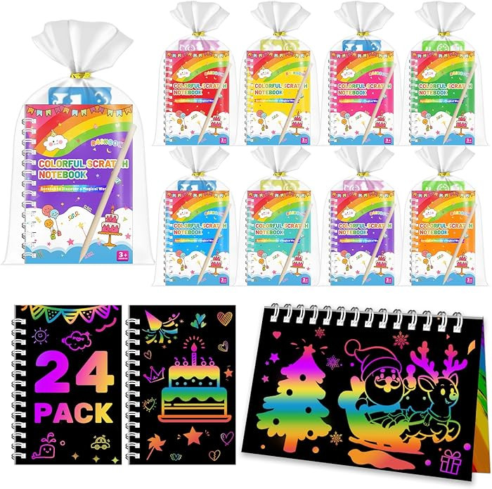 iooo Party Favors for Kids: 24 Pack Scratch Art Notebooks with Rainbow Colors, 2-in-1 Coloring & ... | Amazon (US)