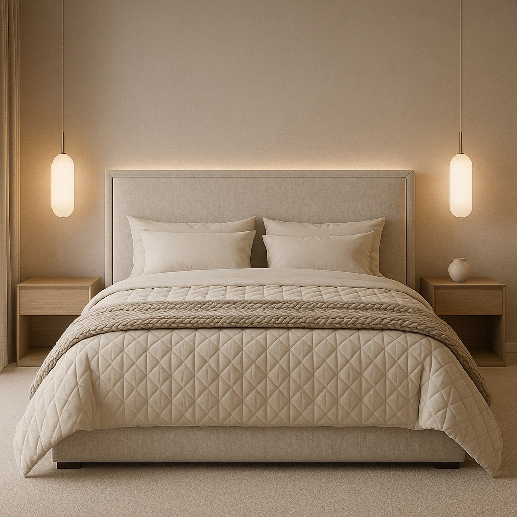 A soft, modern bedroom featuring a luxe upholstered bed, warm pendant lights, layered bedding, and calm neutral tones.
Perfect inspo for creating a cozy, elegant, high-end bedroom space.
Shop the full look below 🤍✨

#LTKhomeDecor #BedroomInspo #NeutralHome
#ModernBedroom #SoftInteriors #MinimalAesthetic
#LuxuryBedroom #HomeDesign #InteriorGoals
#NeutralDecor #CozyVibes #AestheticHome
