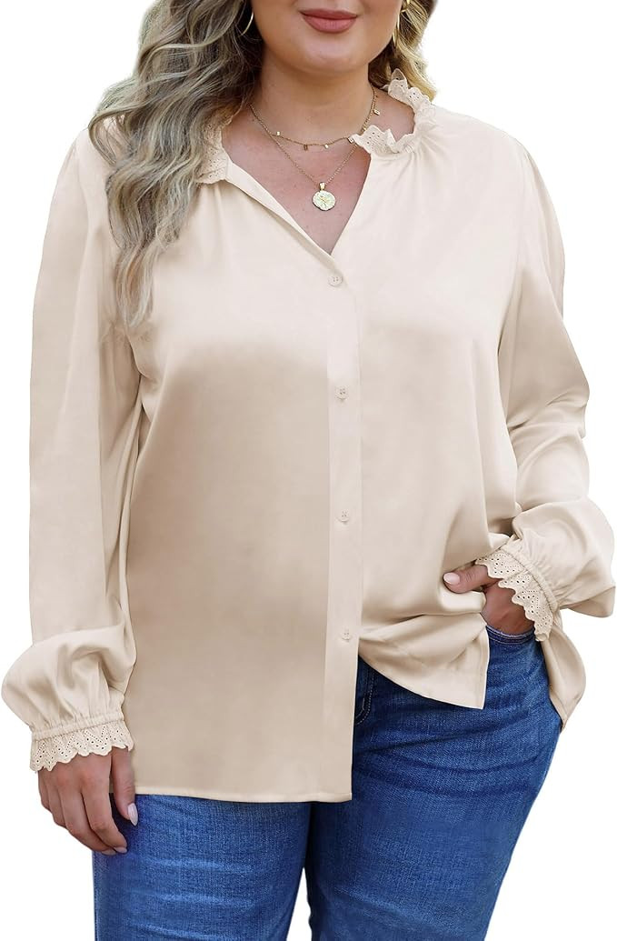LALAGEN Plus Size Button Down Shirts Satin Tops for Women Long Lantern Sleeve V Neck Tunic Fall T... | Amazon (US)