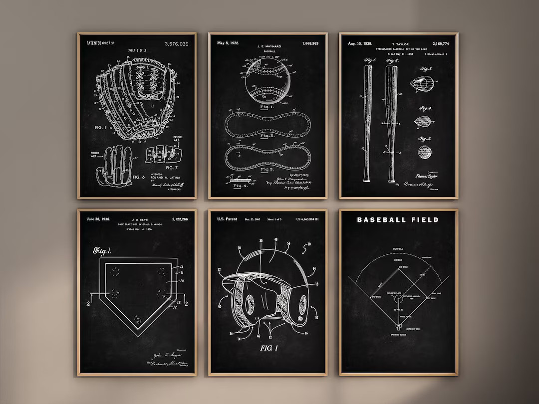 Baseball Patent Prints, Set of 6, Baseball Prints, Baseball Wall Art, Baseball Hat, Baseball Fiel... | Etsy (US)