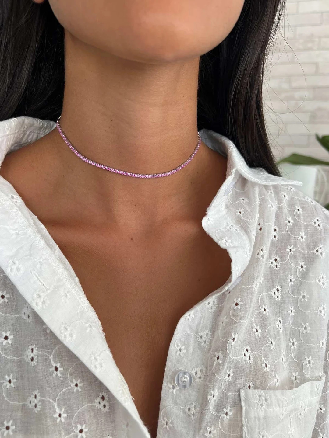 Diamond CZ Tennis Choker Necklace, Pink 2.5mm Cubic Zirconia Tennis Necklace, Sterling Silver 925... | Etsy (US)