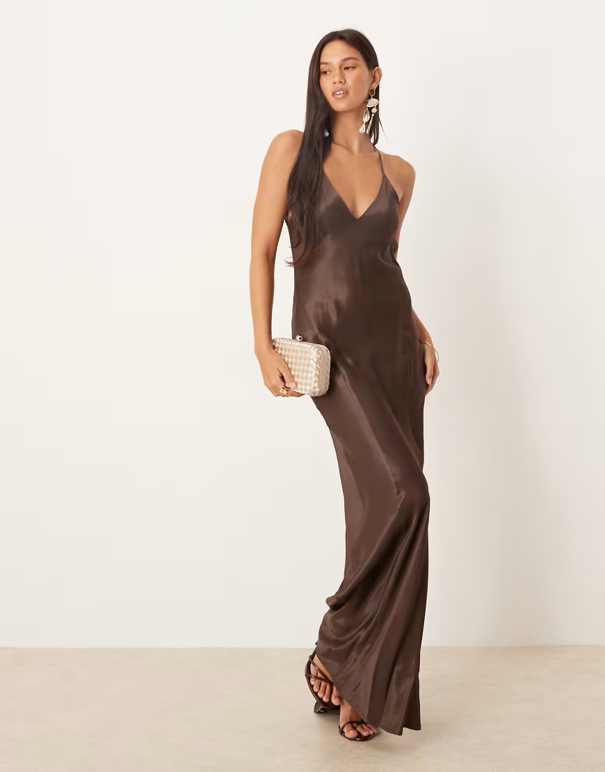 ASOS DESIGN satin seam detail maxi dress in chocolate-Brown | ASOS (Global)