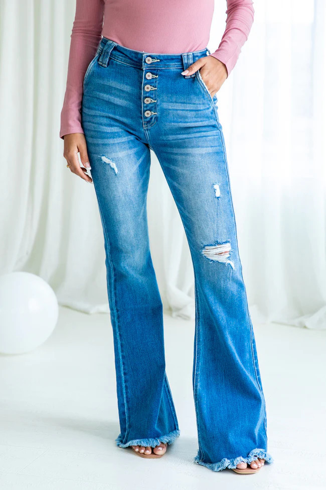 Kelly Distressed Flare Medium Wash Jeans | Pink Lily