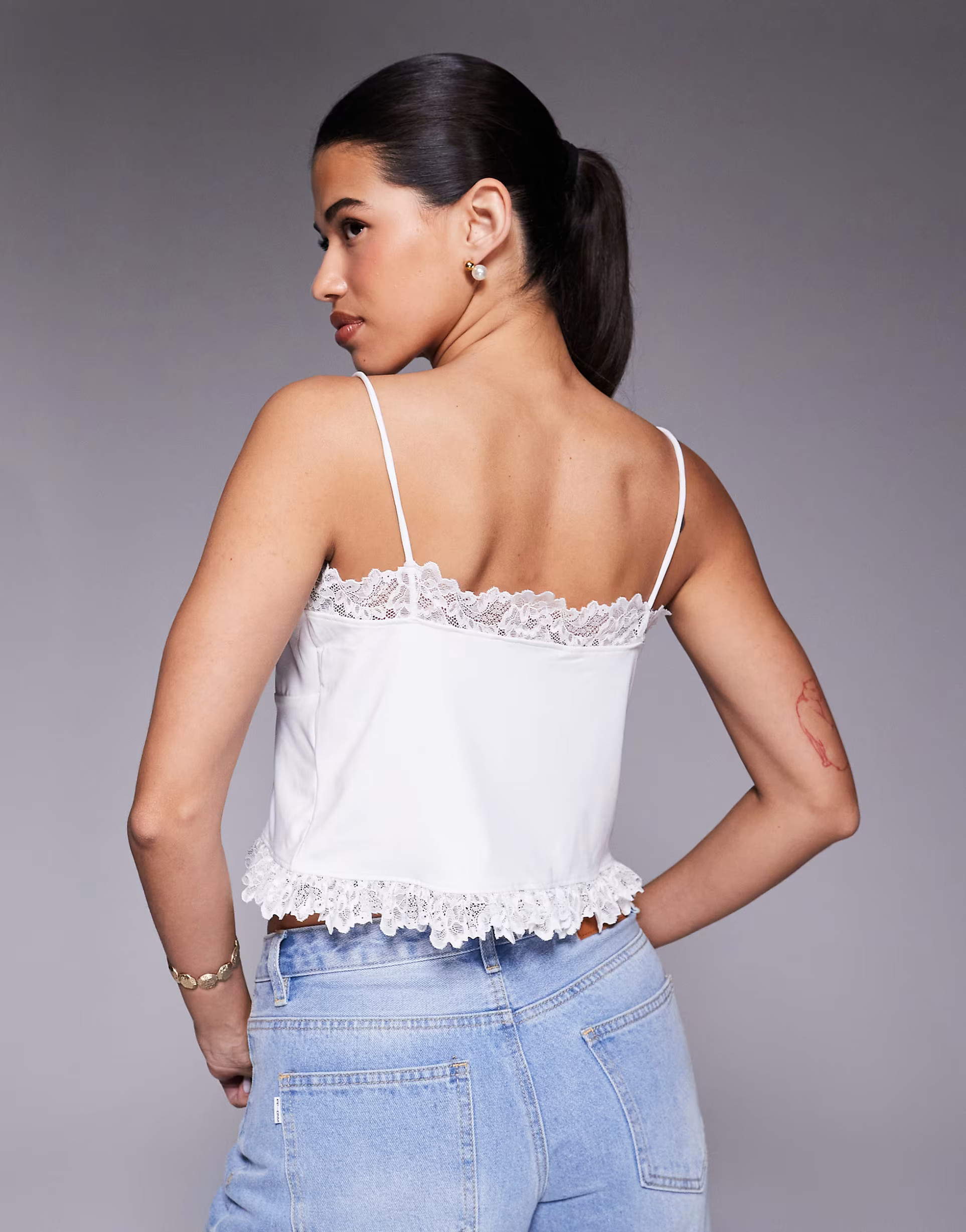 ASOS DESIGN slinky lace trim tie front top in white | ASOS | ASOS (Global)