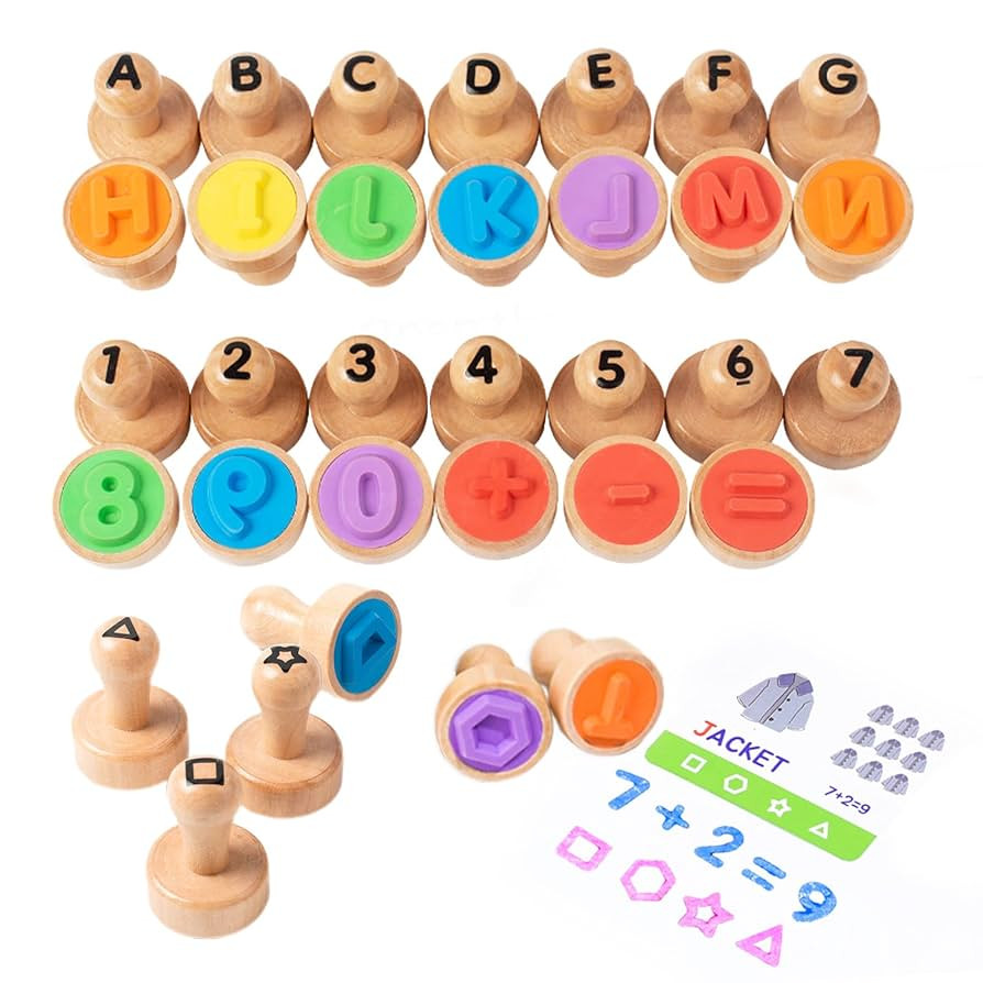 Montessori Wooden Alphabet Number Shape Stamps Set, ABC Spelling Letter Stampers and Mathematics ... | Amazon (US)