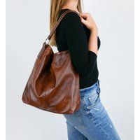 Leather Hobo Bag, Chestnut Brown Handbag, Crossbody Everyday Tote Laptop Shoulder Cognac | Etsy (US)