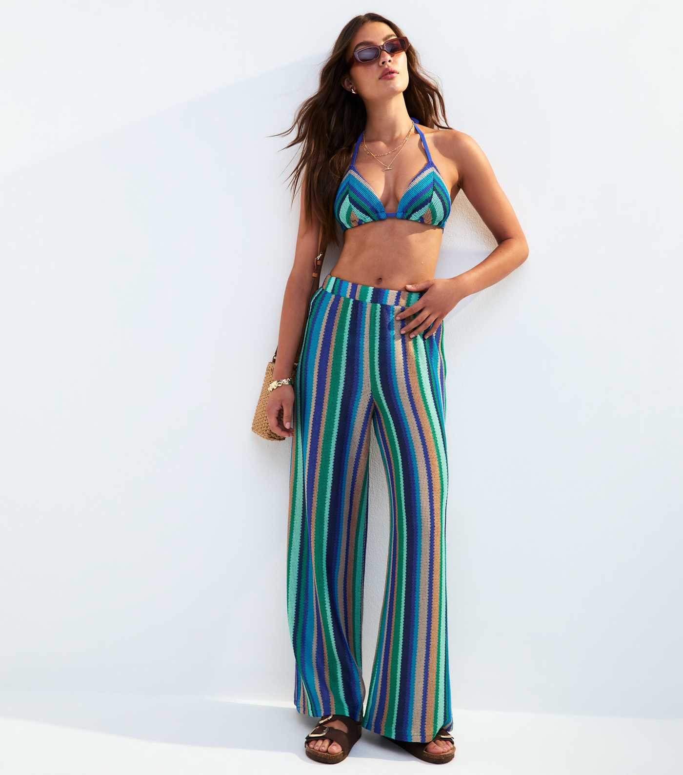Blue Crochet Striped Cover Up Trousers | New Look | New Look (UK)