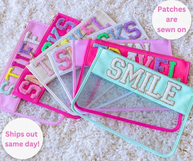 Clear Pouches with Chenille Letters,Bridal Snacks Travel Smile Skin Pouch,Clear Makeup Custom Bag... | Etsy (US)