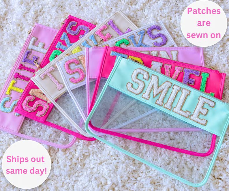 Clear Pouches with Chenille Letters,Bridal Snacks Travel Smile Skin Pouch,Clear Makeup Custom Bag... | Etsy (US)