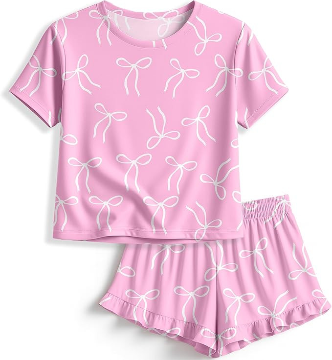 Petite&Me Girls Pajama Set 2 Piece Short Sleeve Top and Ruffle Shorts Soft Breathable Sleepwear K... | Amazon (US)