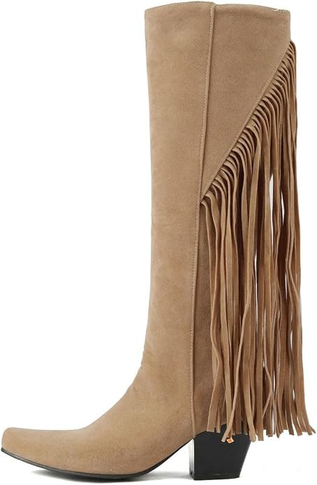 DINTAHA Fringe Suede Boots Chunky Knee High Heeled Boots Tassel Pull On Boots | Amazon (US)