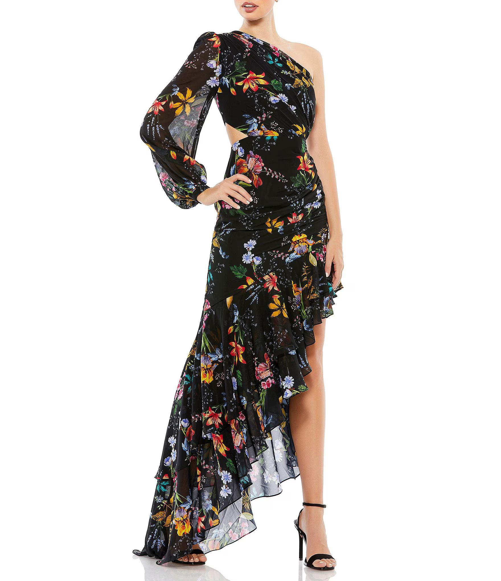 Floral Print Chiffon Asymmetrical Ruffle Hem Side Cut Out One Shoulder Long Sleeve Gown | Dillard's