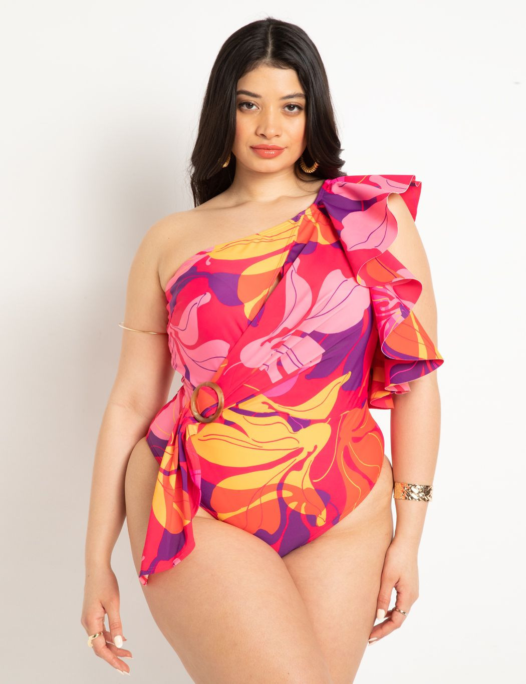 One Shoulder Cascade Ruffle Swimsuit | Eloquii