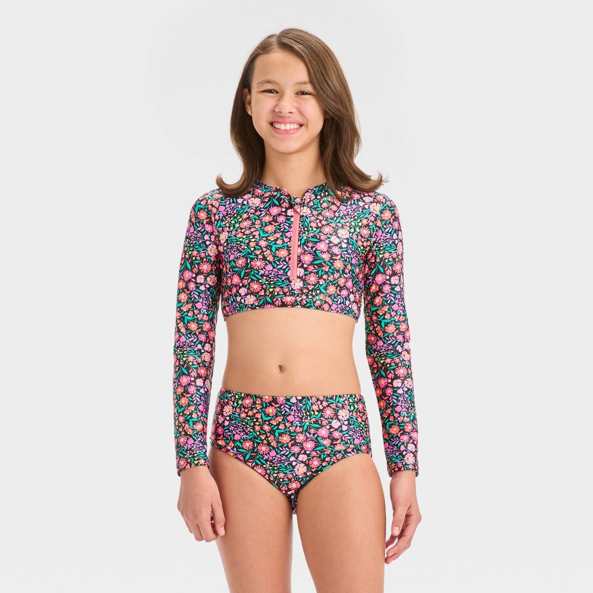Girls' 'Spring Time' Floral Printed Bikini Set - art class™ Black/Pink | Target