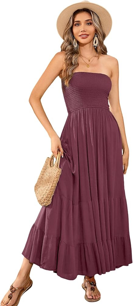 R.Vivimos Womens Summer Cotton Strapless Elastic Smocked Boho Beach Casual Flowy Maxi Tube Dresse... | Amazon (CA)