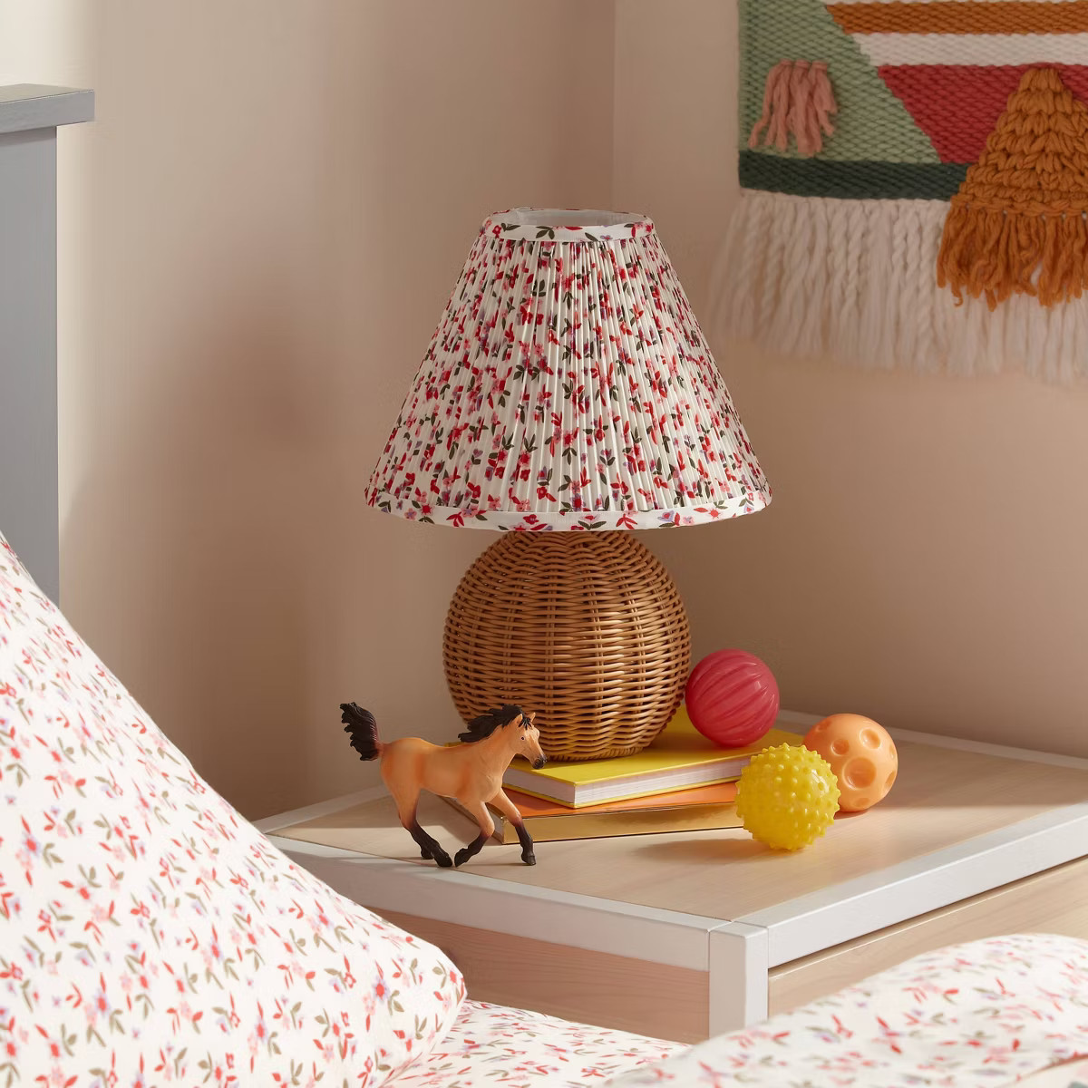 Round Faux Rattan Kids' Lamp with Pleated Floral Shade - Pillowfort™ | Target
