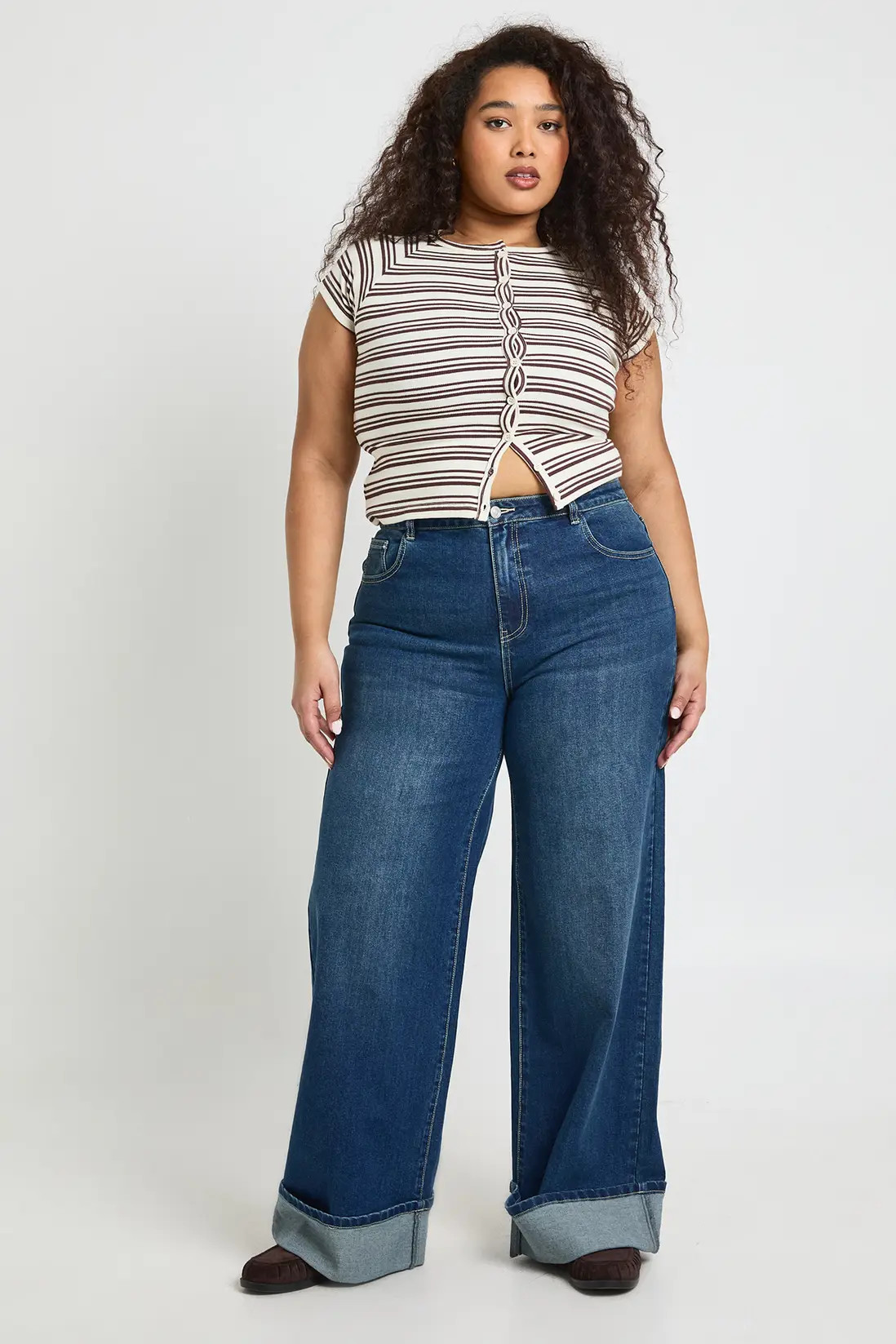 Vintage Wash Plus Turn Up High Waist Wide Leg Jean | Boohoo USA | boohoo (US & Canada)