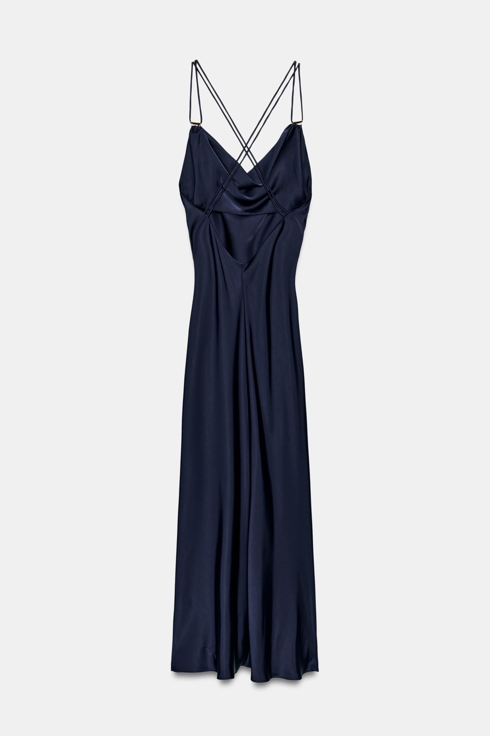 Satin dress with a cowl neckline and thin straps with gold-tone crossover detailing at the back. | Zara UK
