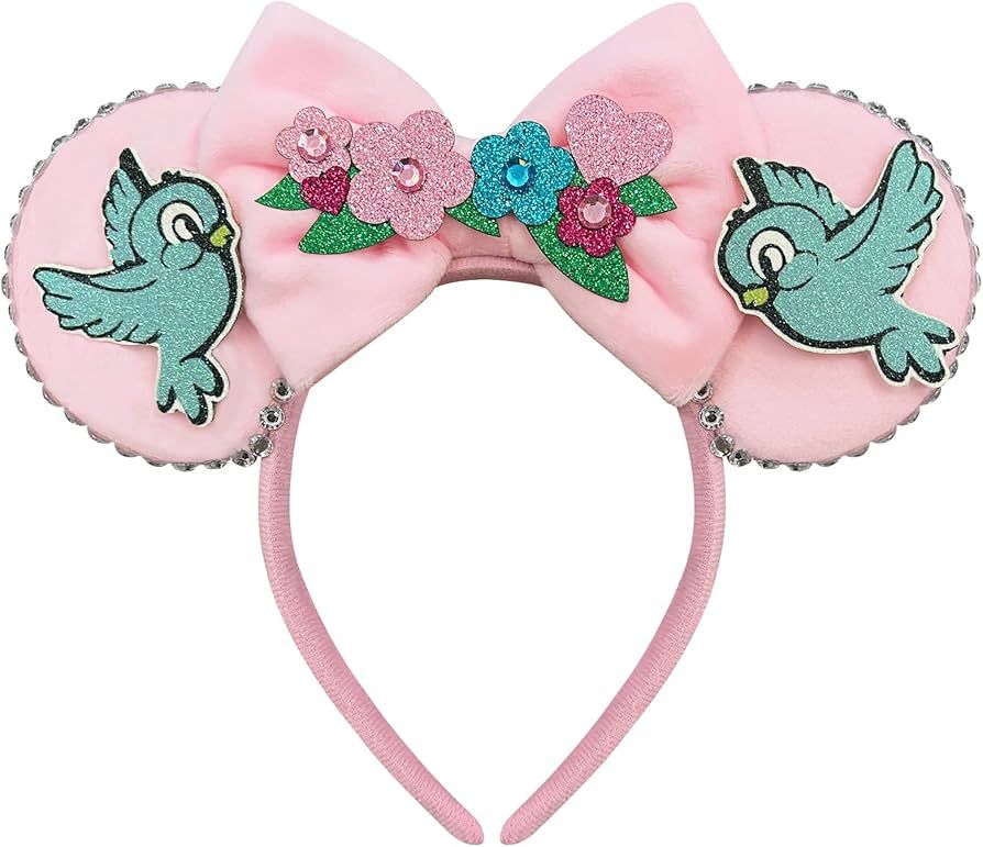Pink Mouse Ears Headband Birds Bows Fuzzy Headband for Girls Pink Headband Princess Mouse Ears | Amazon (US)