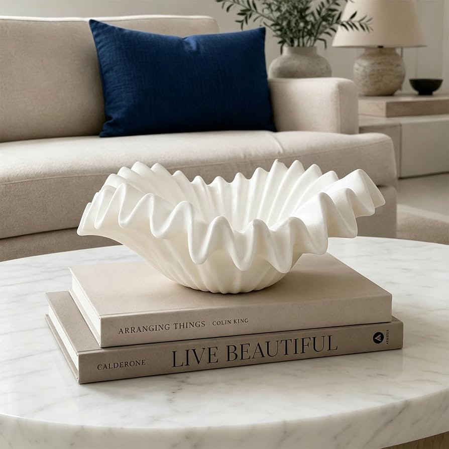 Braxio White Decorative Bowl \u2013 Resin Ruffle Bowl for Entryway, Dining Table Centerpiece, Fru... | Amazon (US)