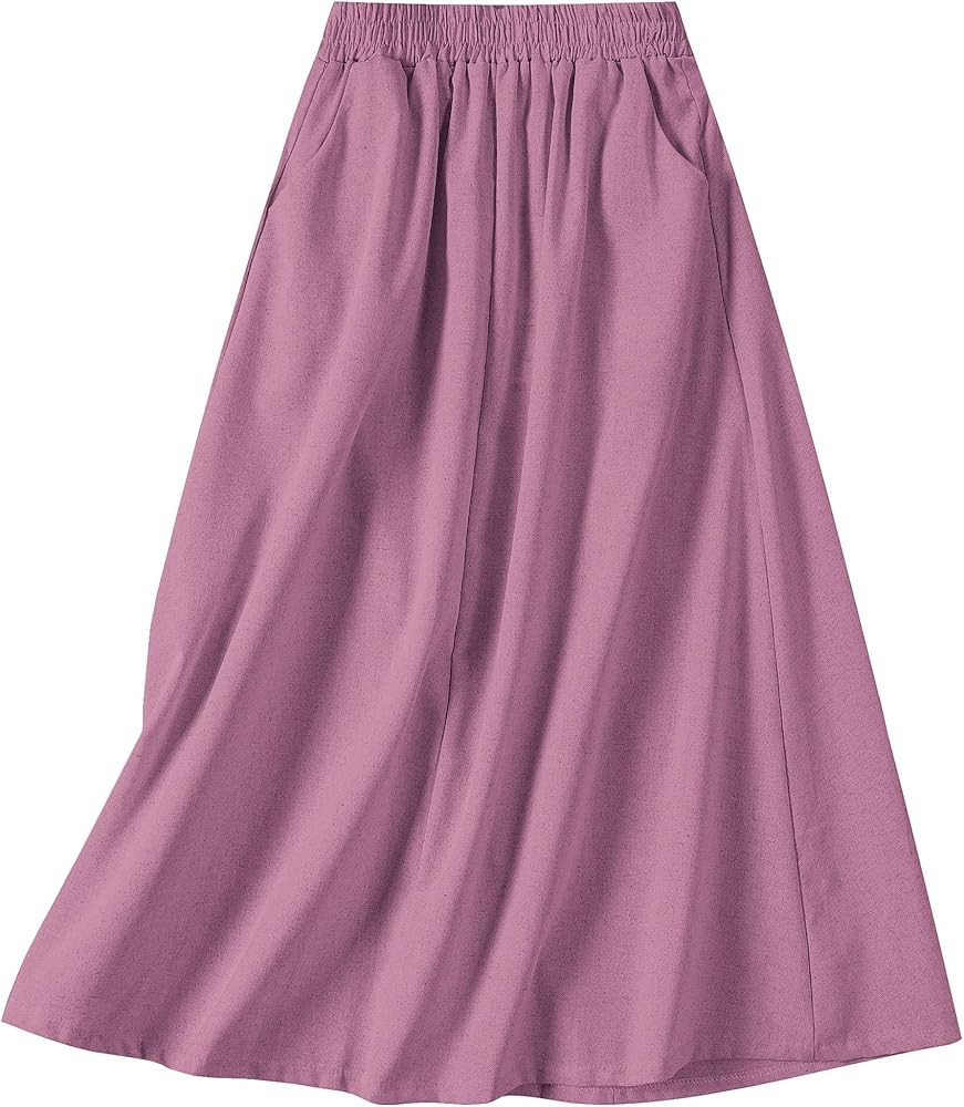 SANGTREE Women's Cotton Linen Midi Skirt with Pockets Casual Flowy Swing Elastic High Waist A-Lin... | Amazon (US)
