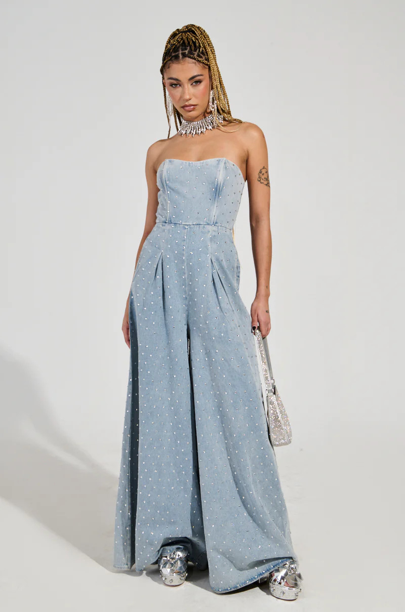 CAN'T OUTSHINE ME DENIM AND RHINESTONE JUMPSUIT | AKIRA