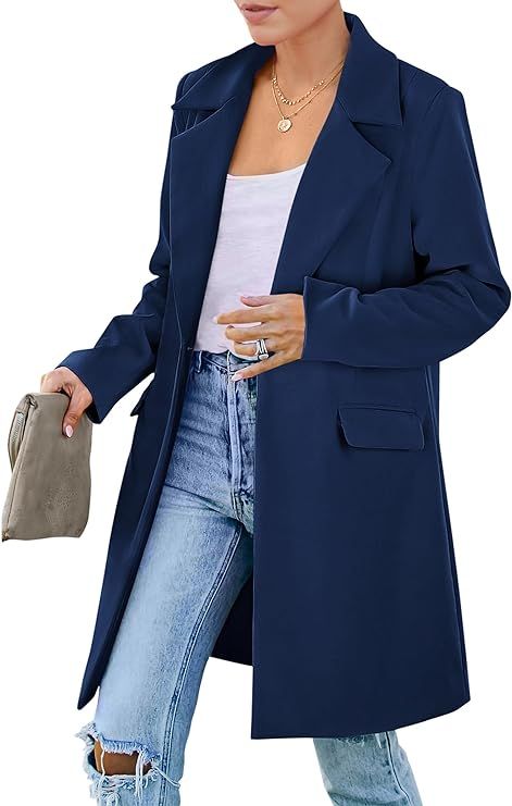 PRETTYGARDEN Women's 2023 Fall Long Blazer Jackets Long Sleeve Lapel Pockets Loose Fit Work Casua... | Amazon (US)