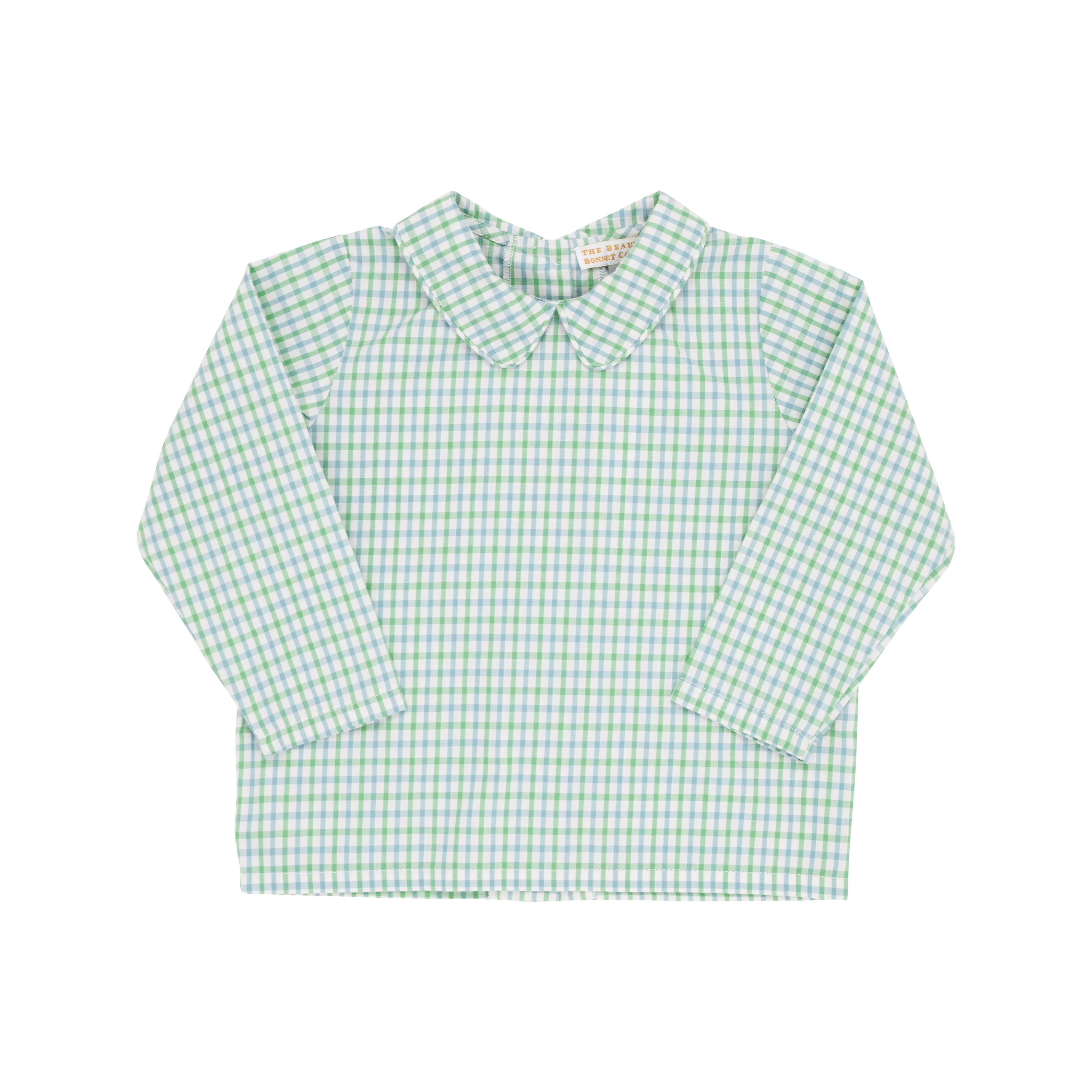 Long Sleeve Peter Pan Collar Shirt & Onesie - Kiawah Kelly Green & Barrington Blue Chandler Check | The Beaufort Bonnet Company