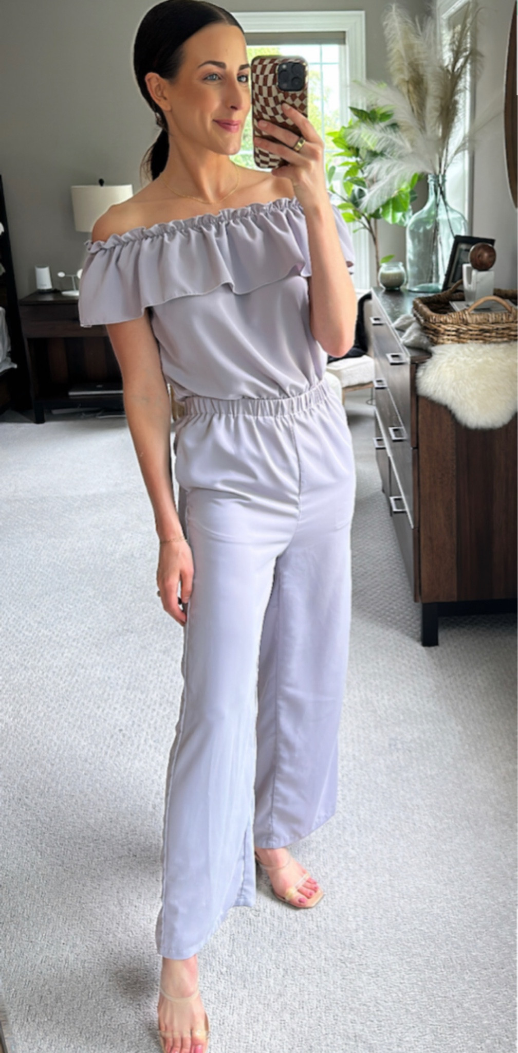 Amazon wedding guest style: Amazon has a variety of wedding guest outfits including this off the shoulder ruffle jumpsuit paired with clear strap block heel sandals. This makes for a perfect wedding guest outfit, fancy night out, date night outfit, dressy night outfit, dressy outfit, dressy event outfit. I am wearing a small in the jumpsuit at 5’4.5 and the shoes fit true to size  

#LTKstyletip #LTKwedding #LTKunder100