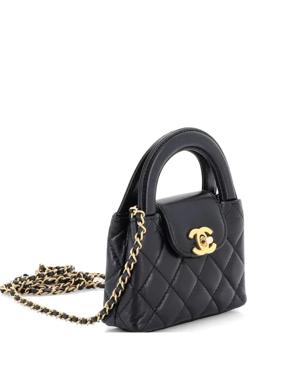 CHANEL Pre-Owned Kelly Top Handle Shopping Bag Quilted Shiny Aged Calfskin Nano crossbody bag - Black | Farfetch Global