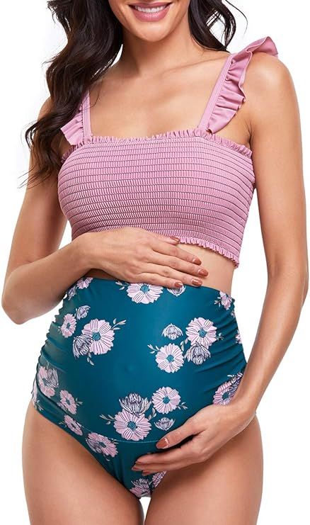 Maternity High Waist Bikini Swimsuit Two Piece Ruffled Hem Cute Floral Bathing Suit | Amazon (US)