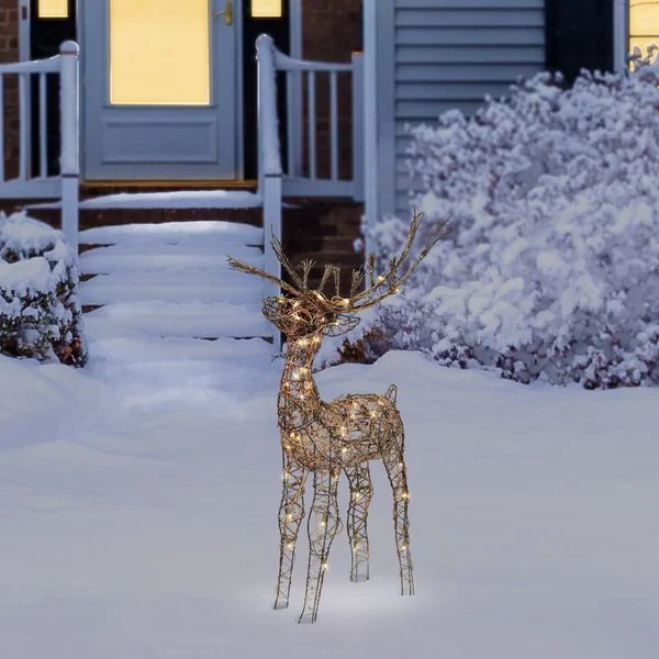 35"H Outdoor Rattan Holiday Reindeer Lawn Decoration with White Lights | Wayfair North America