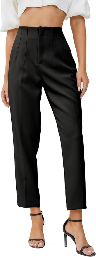 Women's High Waisted Business Trousers Straight Leg Pleated Office Slacks Pants | Amazon (US)