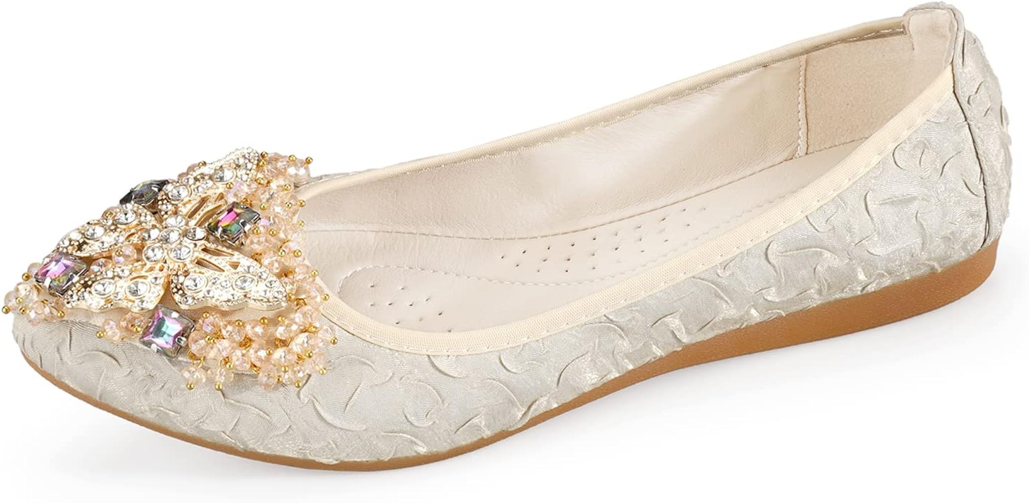 Cattle Shop Womens Ballet Flats Foldable Rhinestone Pointed Toe Comfortable Slip on Wedding Flat ... | Amazon (US)